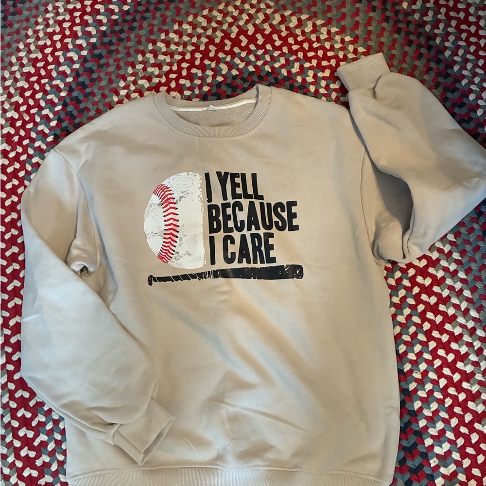 Beige Crewneck Sweatshirt with Baseball Graphic - I Yell Because I Care